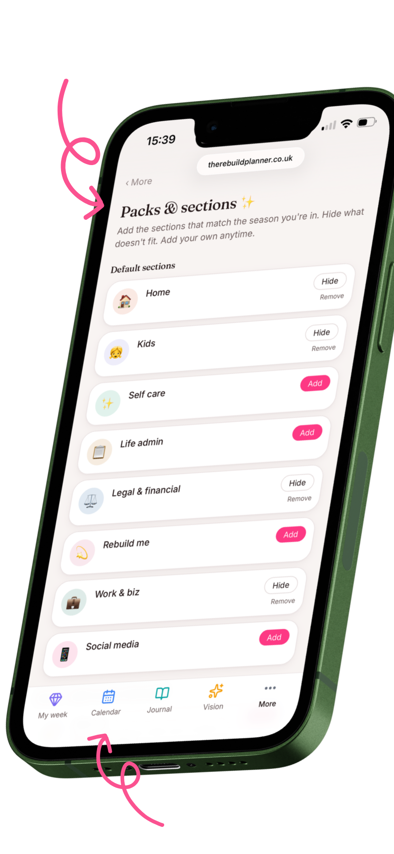 Packs & sections screen — choose which areas of life appear in your planner