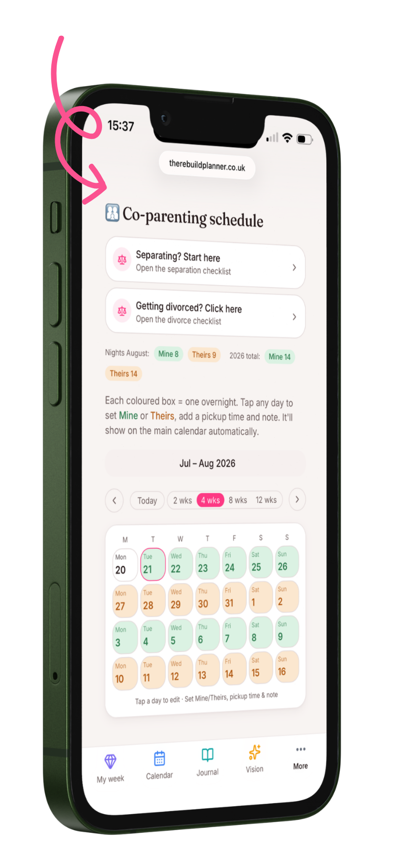 Co-parenting schedule screen — overnight tallies and monthly handover calendar